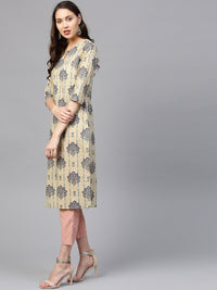 SOJANYA Women Beige & Green Printed Straight Kurta