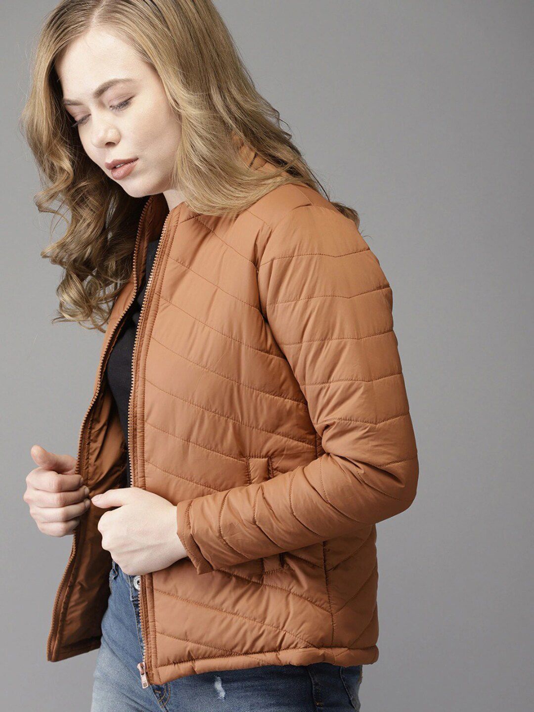 Campus Sutra Women Brown raffia Striped Windcheater Longline Outdoor Puffer Jacket
