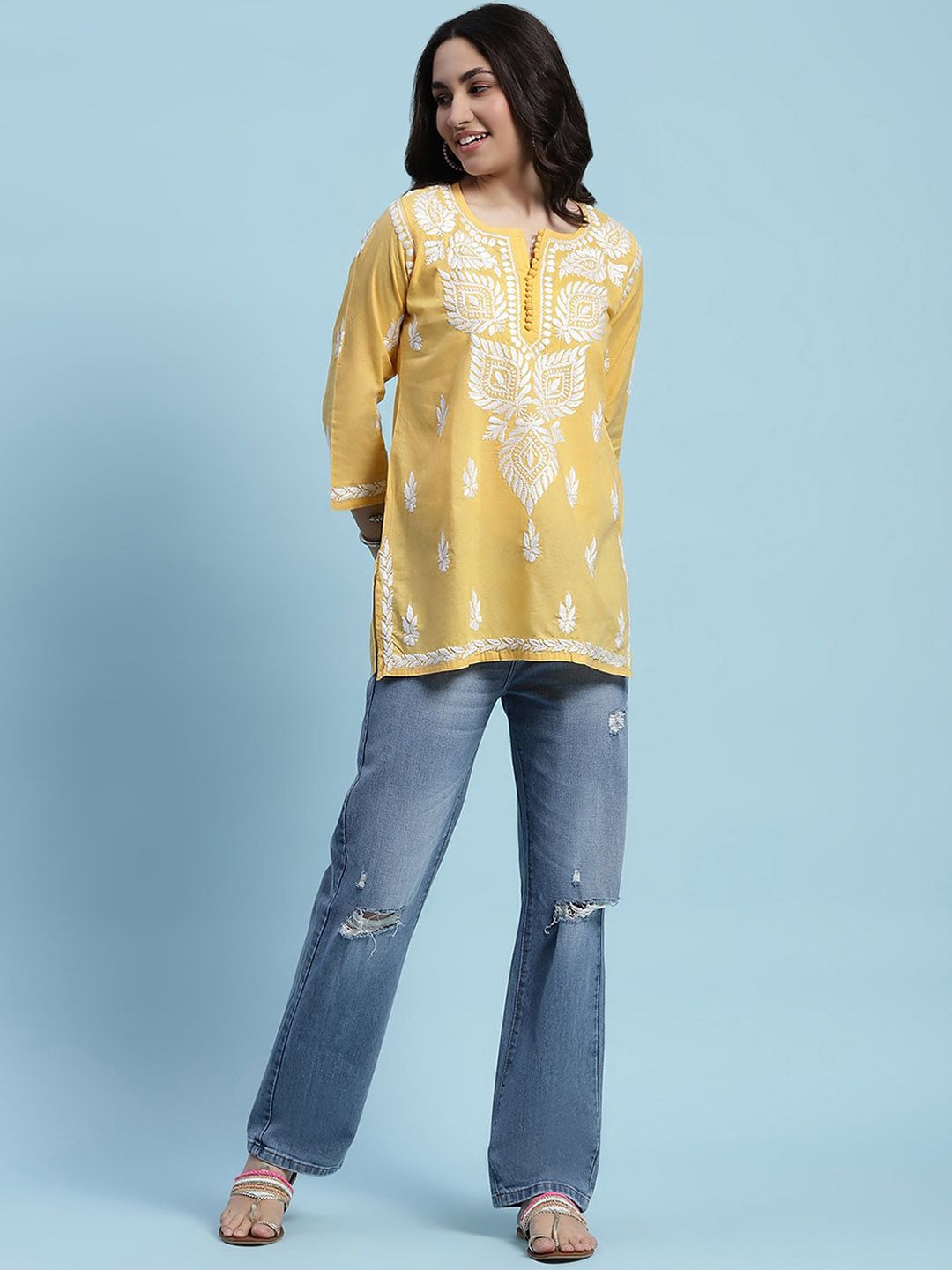 Rumah Chikankari Wanita Kapas Kuning Chikankari Sulam Kurti