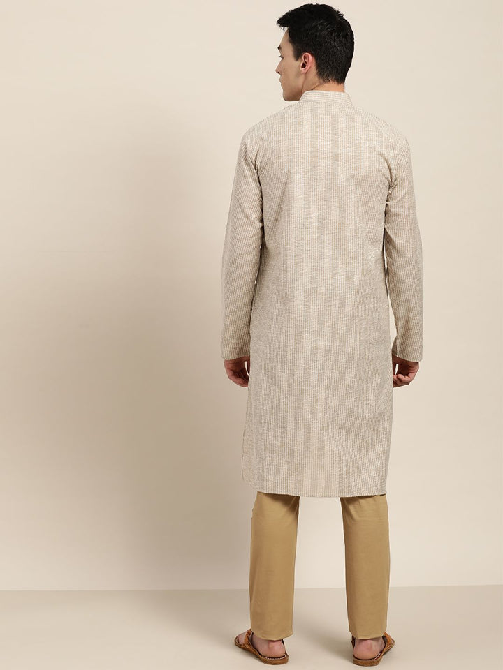 SOJANYA Men Beige & White Striped Straight Kurta