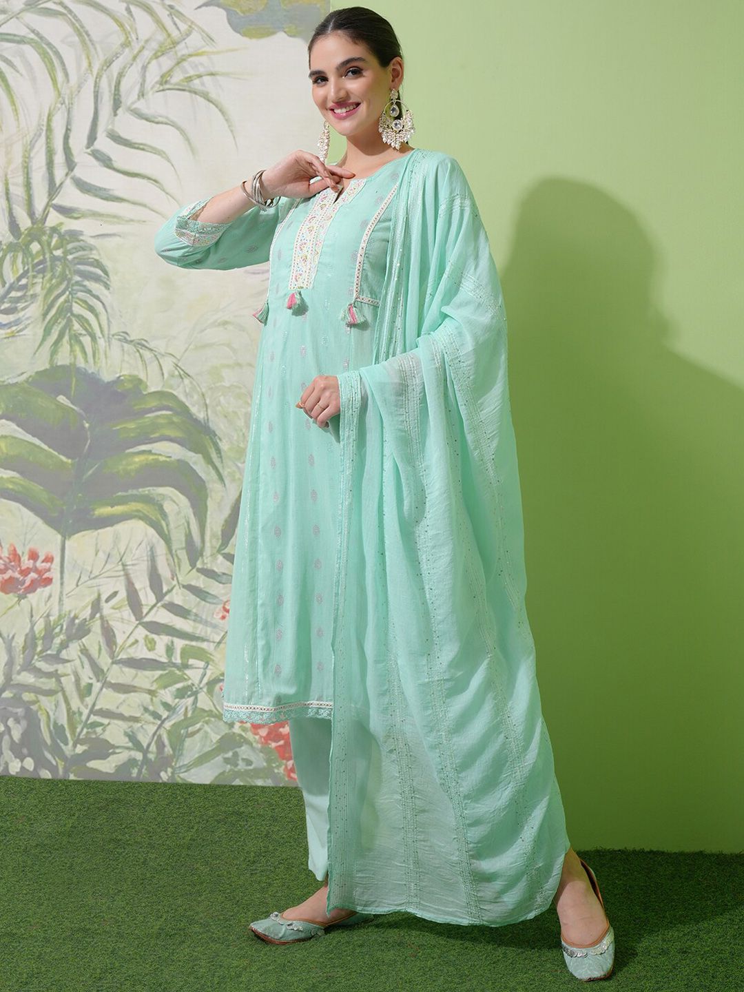 Vishudh Green Embroidered Notch Neck Pure Cotton A-Line Kurta With Trousers & Dupatta