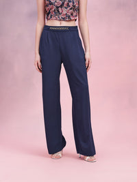 DressBerry Women Metallic Chain Detail Textured Pleated Trousers
