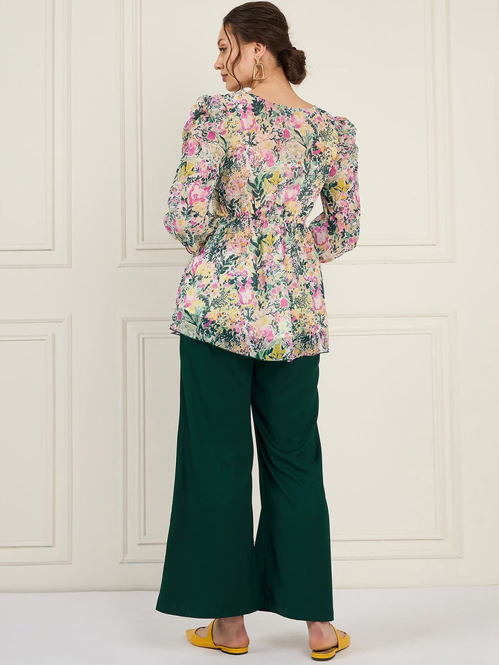 Antheaa Green Floral Printed Puff Sleeves Ruffled Top With Trouser