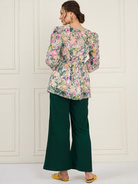 Antheaa Green Floral Printed Puff Sleeves Ruffled Top With Trouser