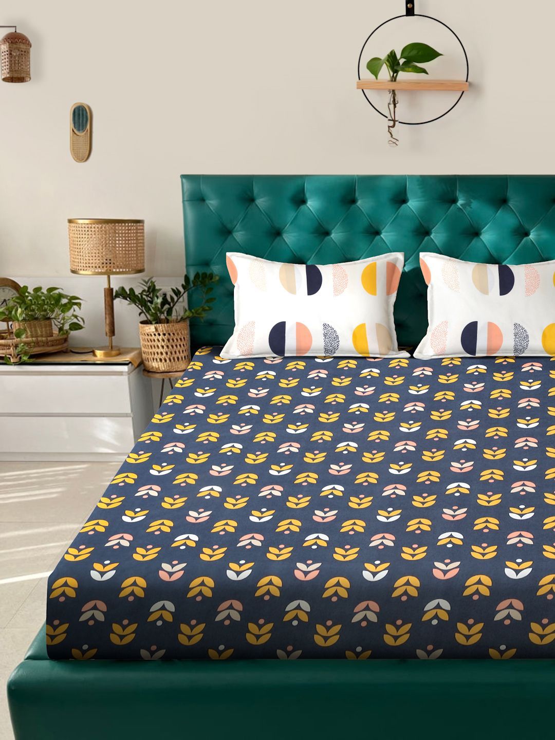 Myntra Elegant Homes Blue & Yellow Floral 300 TC King Bedsheet with 2 Pillow Covers