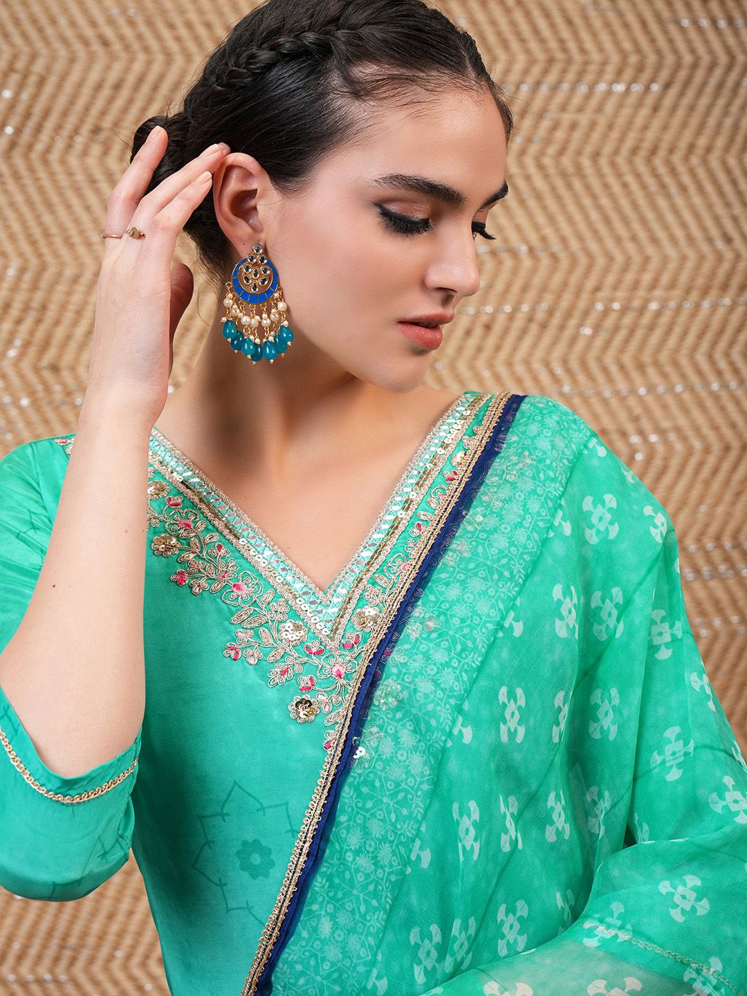 Vishudh Blue Bandhani Printed Sequinned Straight Kurta With Trousers & Dupatta