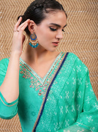 Vishudh Blue Bandhani Printed Sequinned Straight Kurta With Trousers & Dupatta