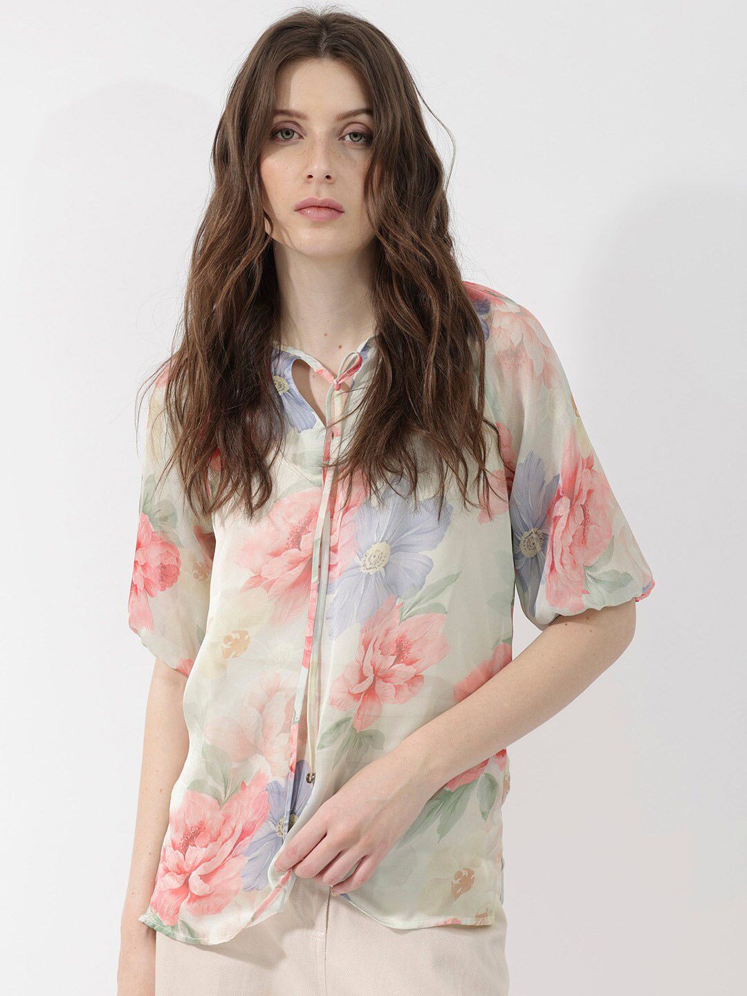 RAREISM Floral Print Tie-Up Neck Top