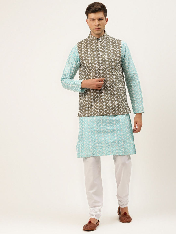 SOJANYA Lelaki Motif Etnik Biru Sulam Benang Kerja Kurta dengan Churidar