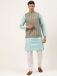 SOJANYA Men Blue Ethnic Motifs Embroidered Thread Work Kurta with Churidar
