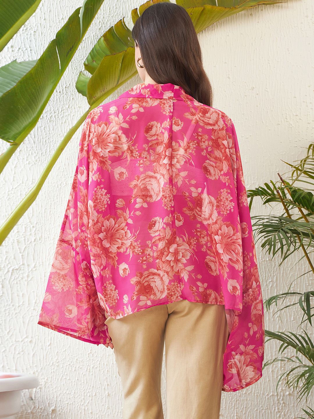 SASSAFRAS Pink Floral Printed Front Open Kimono Shrug