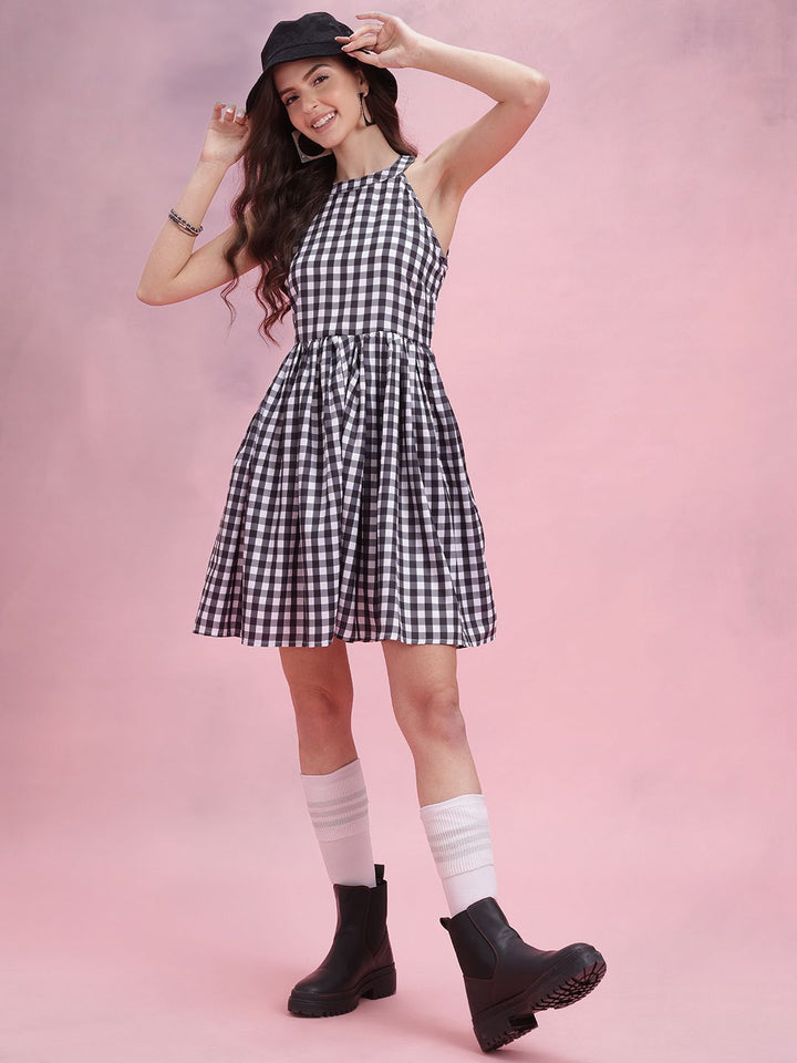 DressBerry Checked Halter Neck Fit & Flare Dress