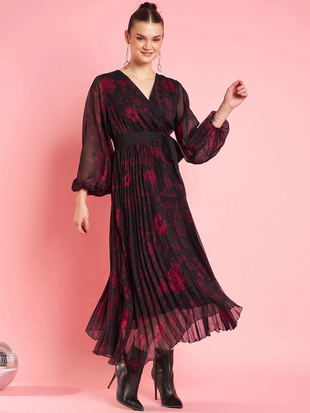 Antheaa Black V-Neck Bishop Sleeves Floral Printed Midi Opaque Party Dress