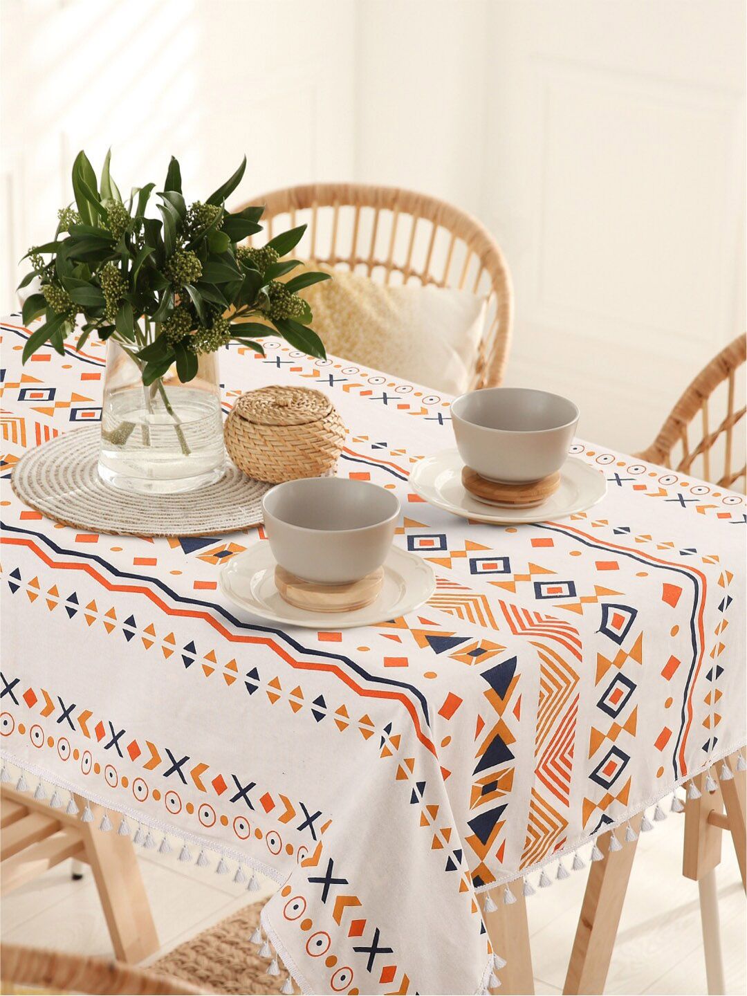 URBAN SPACE Orange & White Printed Pure Cotton 4-Seater Table Cover