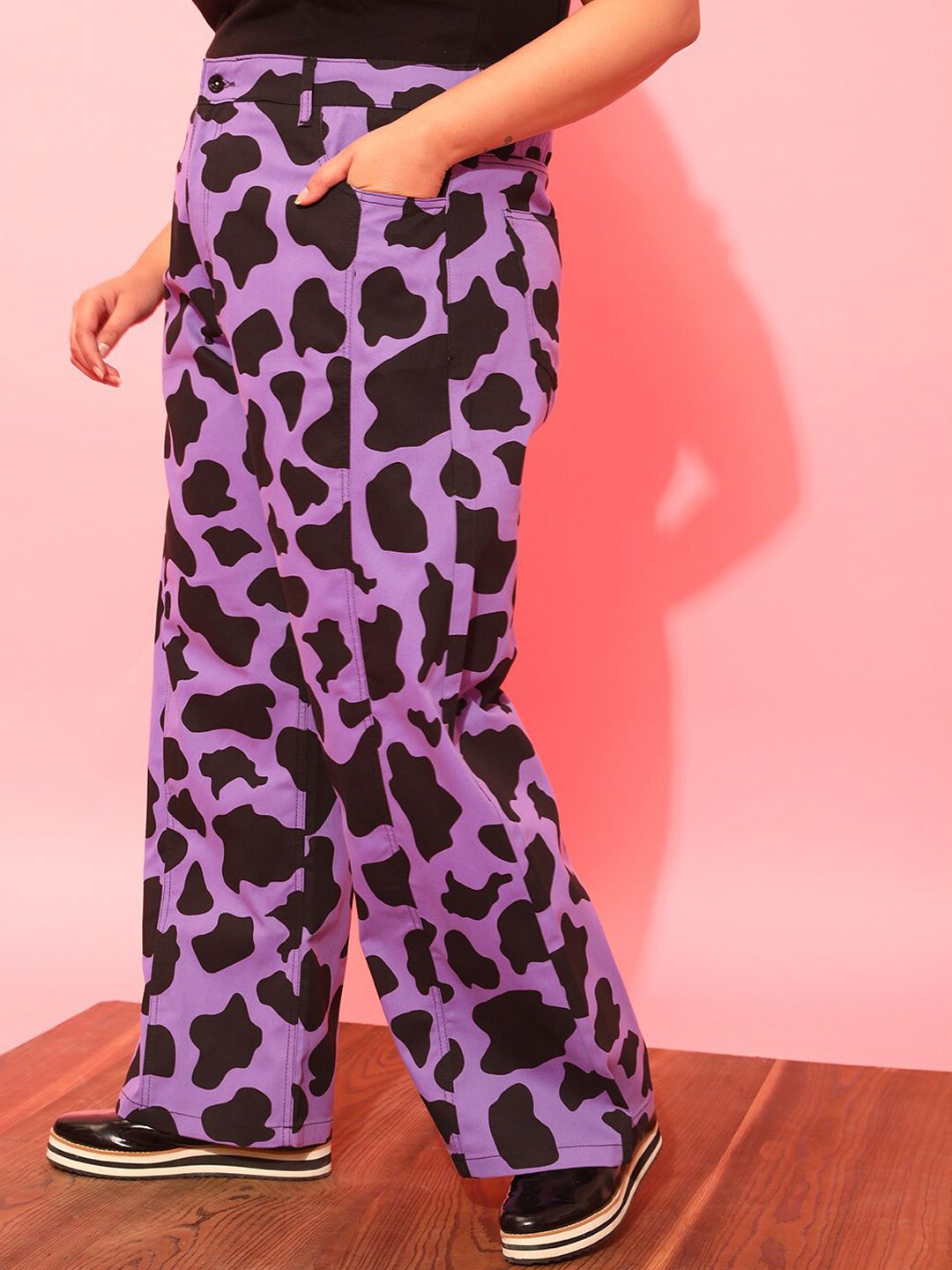 CURVY STREET Women Plus Size Lavender Printed Relaxed Straight Leg Pure Cotton Trousers