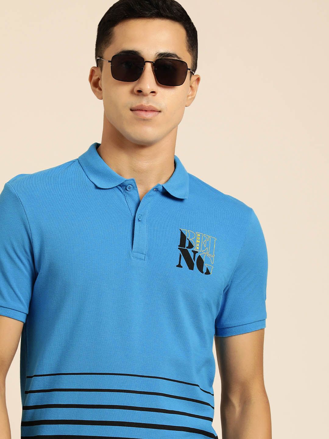 Being Human Men Blue & Black Brand Logo Printed Pure Cotton Polo Collar T-shirt