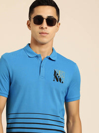 Being Human Men Blue & Black Brand Logo Printed Pure Cotton Polo Collar T-shirt