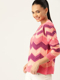 DressBerry Women Peach-Coloured & Purple Chevron Striped Pullover