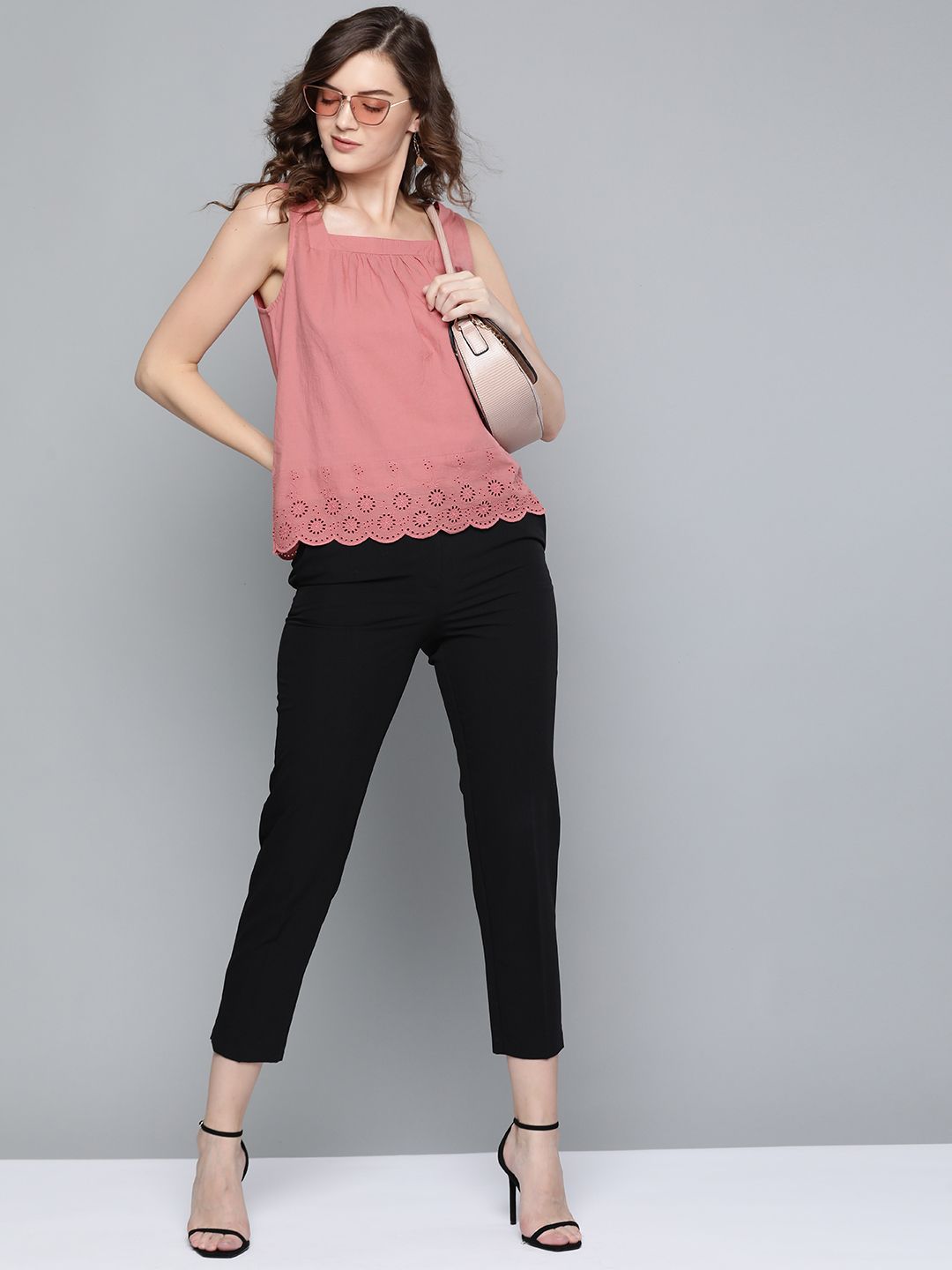 SASSAFRAS Women Dusty Pink Pure Cotton Schiffli Detail Regular Top