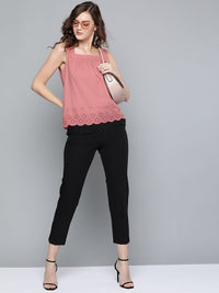 SASSAFRAS Women Dusty Pink Pure Cotton Schiffli Detail Regular Top