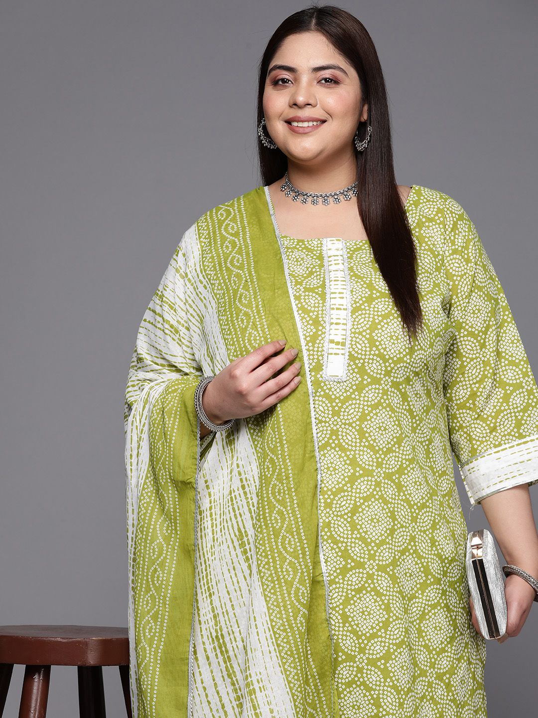 EXTRA LOVE BY LIBAS Plus Size Bandhani Printed Gotta Patti Pure Cotton Kurta Set