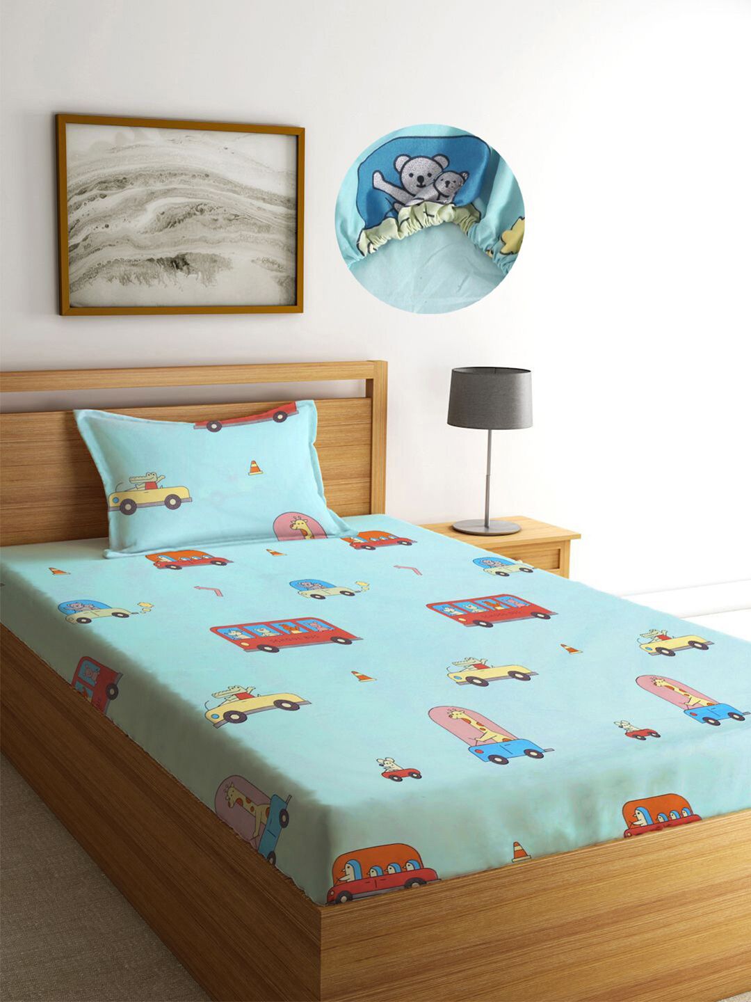 KLOTTHE Kids Multi 300 TC Cotton Blend Elasticated Single Bedsheet with Pillow Cover