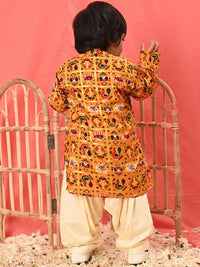 VASTRAMAY Boys Ethnic Motifs Patola Printed Band Collar Straight Kurta With Patiala