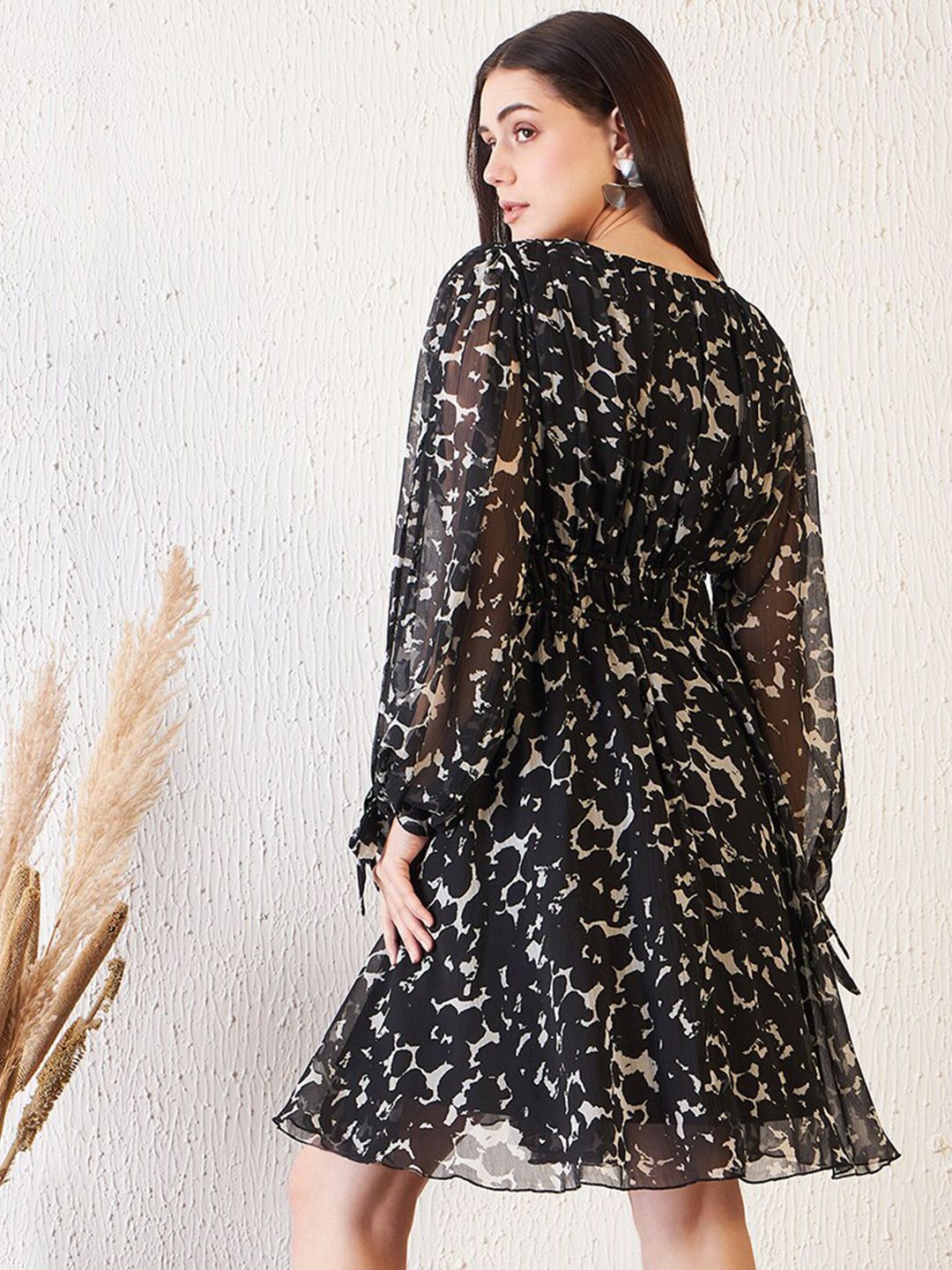 Antheaa Black Abstract Printed Slit Sleeves Embellished Empire Dress