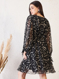 Antheaa Black Abstract Printed Slit Sleeves Embellished Empire Dress