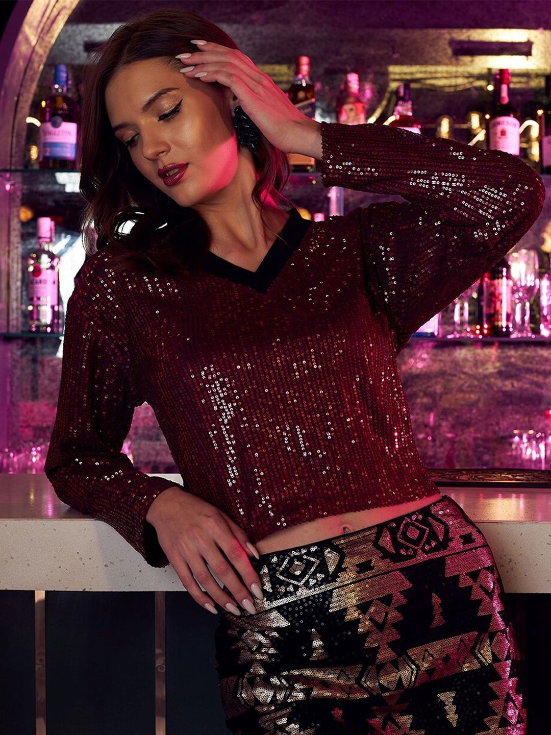 Athena Women Sequinned Embellished Crop Top