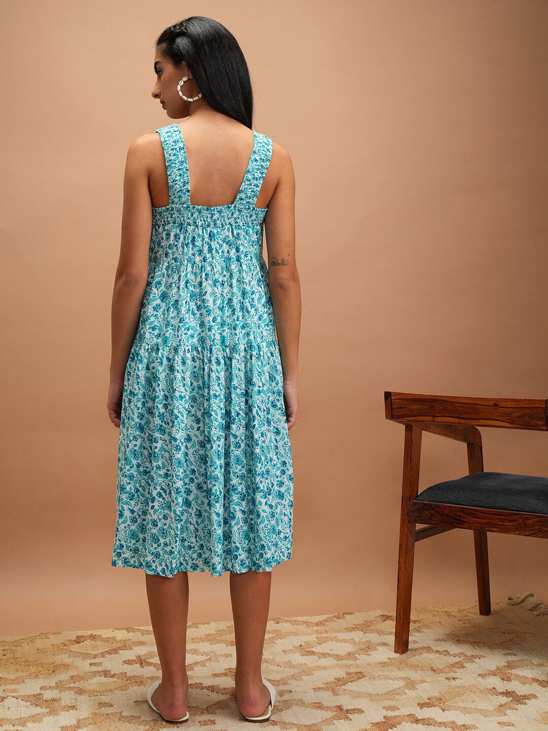 Vishudh Blue Floral Printed Smocked Tiered A-Line Midi Dress
