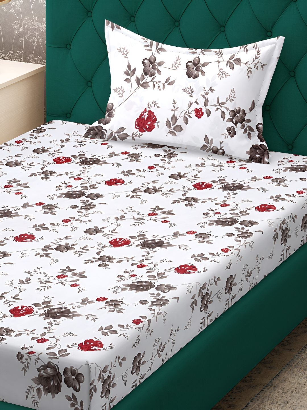 KLOTTHE  White & Brown Floral Printed 300 TC Single Bedsheet & Pillow Cover