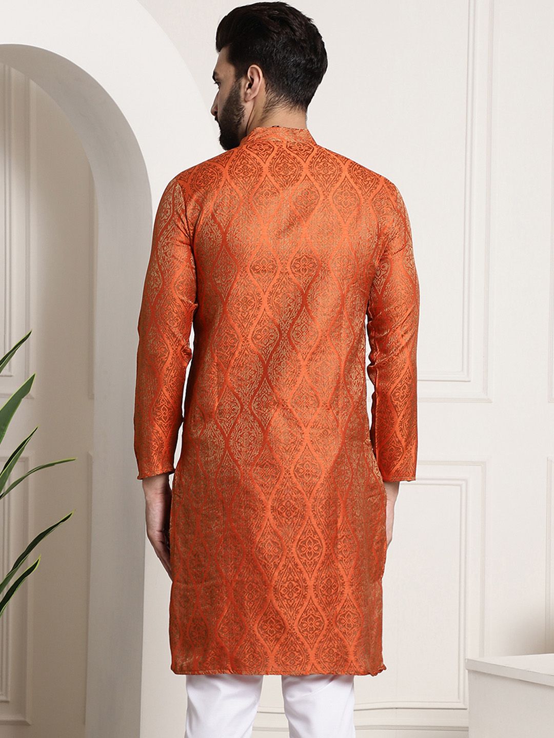 Sojanya Men Orange & Golden Ethnic Motifs Jacquard Kurta