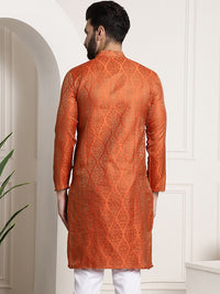 Sojanya Men Orange & Golden Ethnic Motifs Jacquard Kurta