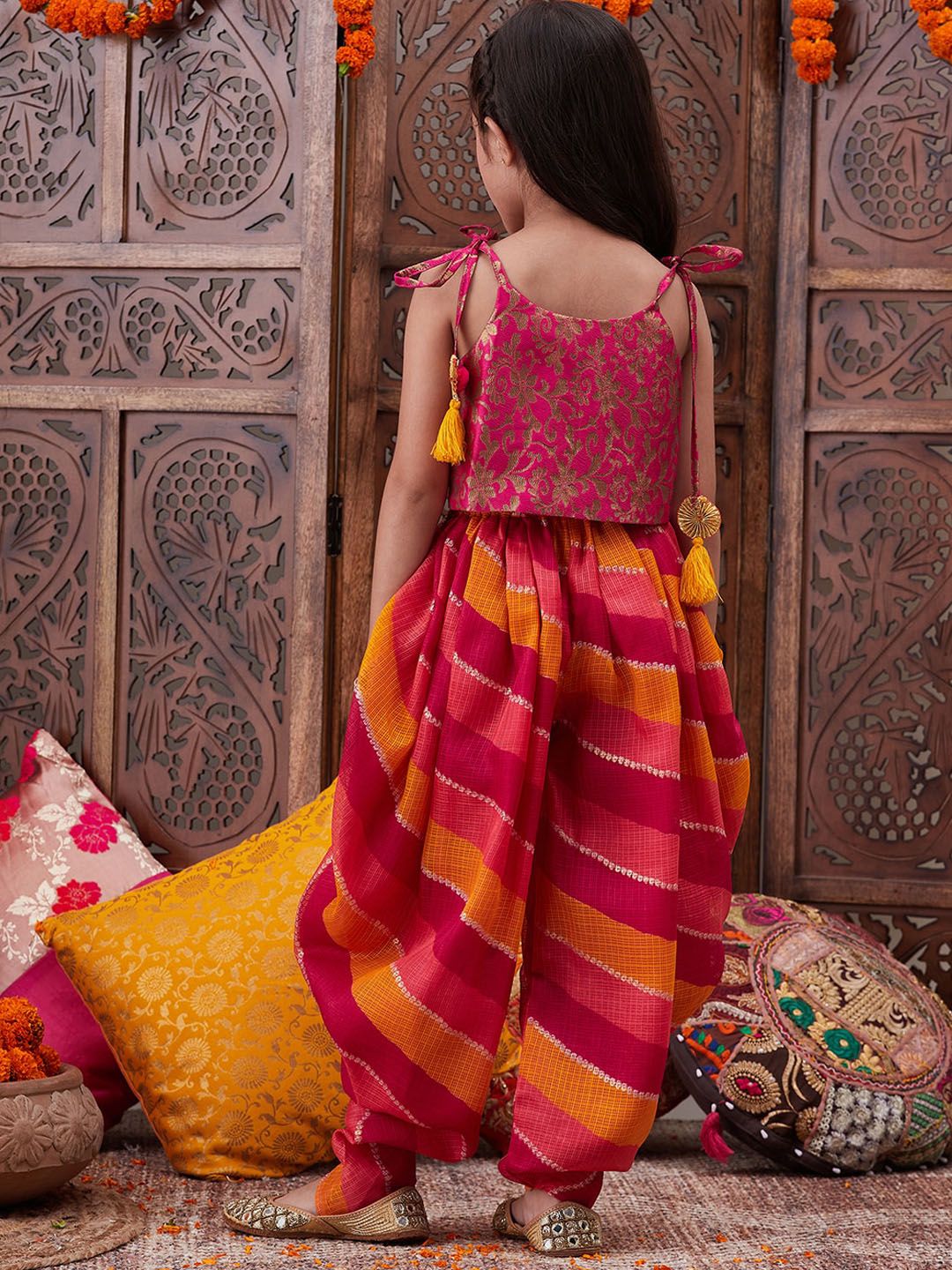 pspeaches Girls Floral Printed Shoulder Straps Top with Dhoti Pants