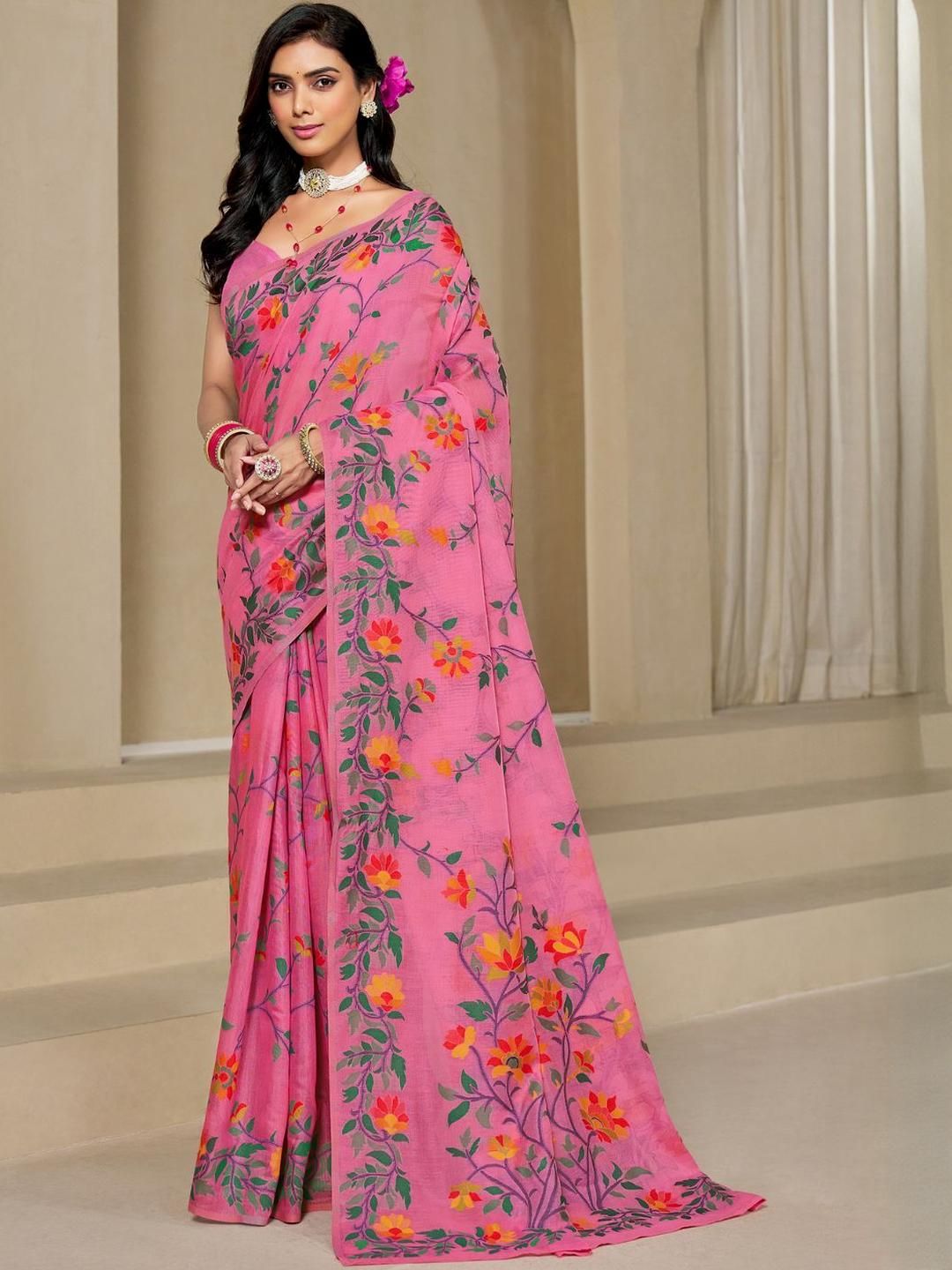 KALINI Pink Pure Cotton Woven Design Sarees