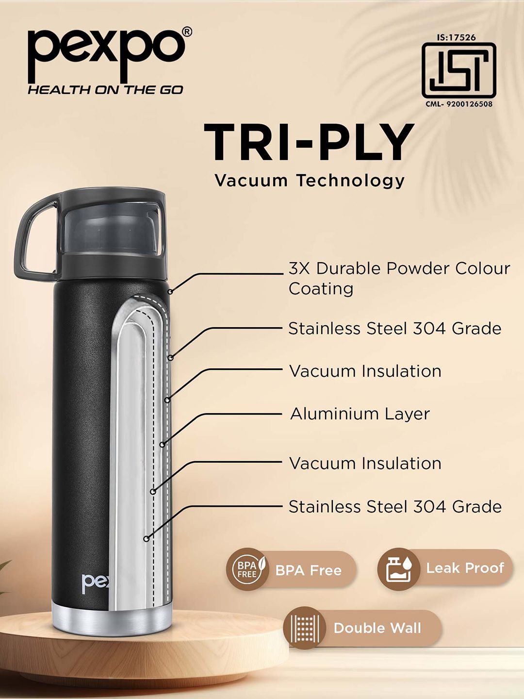 Pexpo Knight Black FERERRO-ISI Certified Thermosteel Hot and Cold Flask Water Bottle 1L