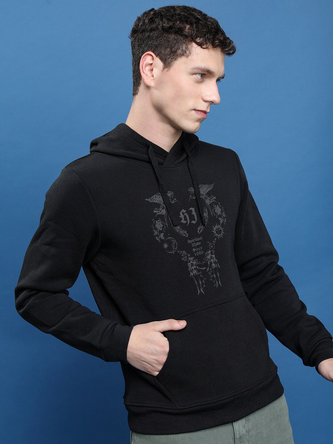 HIGHLANDER Men Black Printed Cotton Pullover Sweatshirt