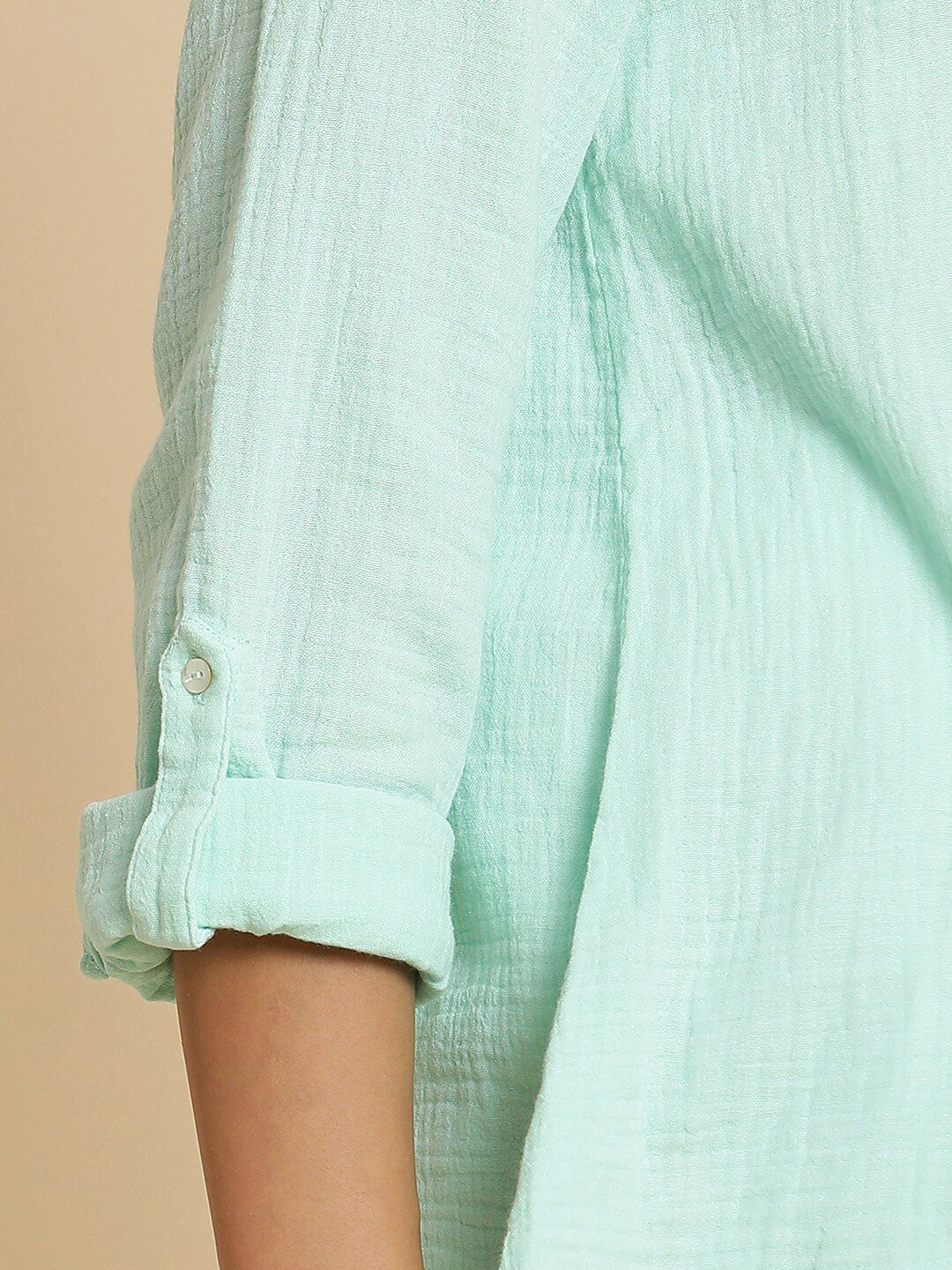 W Mandarin Collar Roll Up Sleeves Cotton Shirt Style Top