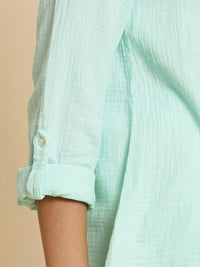 W Mandarin Collar Roll Up Sleeves Cotton Shirt Style Top