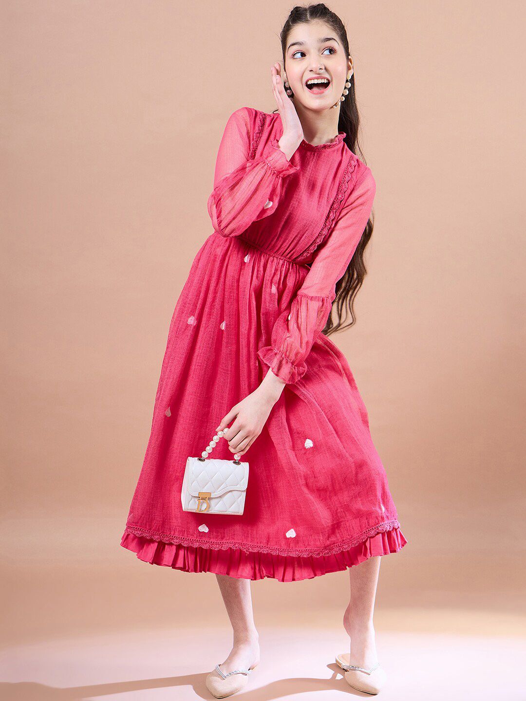 pspeaches Girls Round Neck Puff Sleeves Fit & Flare Midi Dress