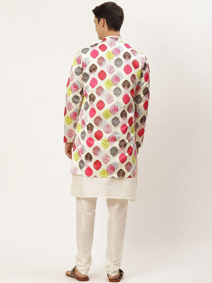 SOJANYA Men Off White & Pink Kurta with Churidar