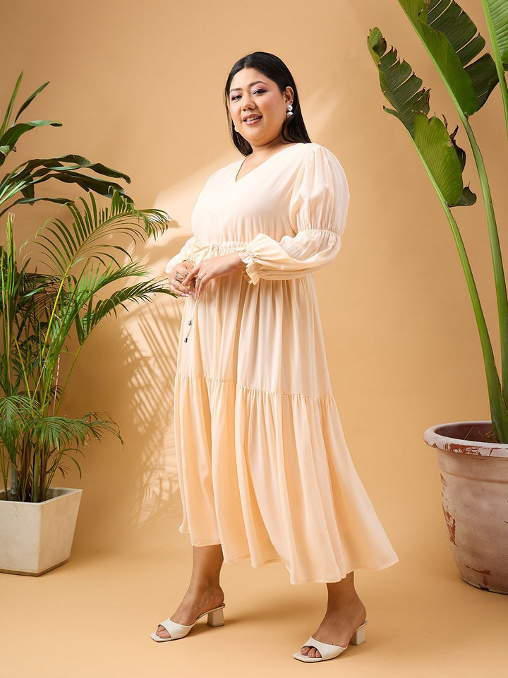 SASSAFRAS Curve Plus Size V-Neck Puff Sleeves Georgette Fit & Flare Tiered Midi Dress