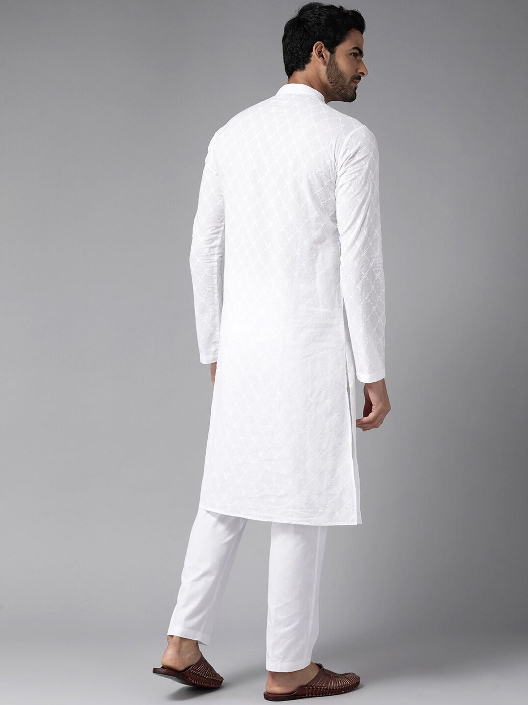 See Designs Men White Solid Chikankari Embroidered Mandarin Collar Cotton Kurta