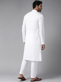 See Designs Men White Solid Chikankari Embroidered Mandarin Collar Cotton Kurta