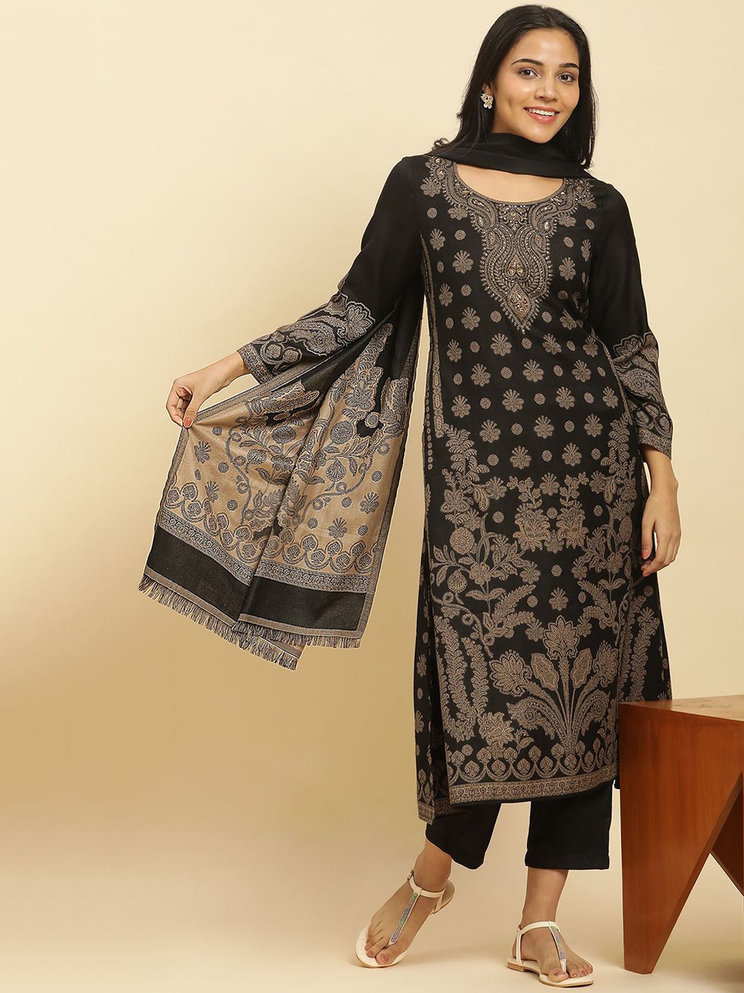 W Black Floral Woven Design Regular Sequinned Straight Kurta With Trouser With Dupatta