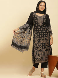 W Black Floral Woven Design Regular Sequinned Straight Kurta With Trouser With Dupatta