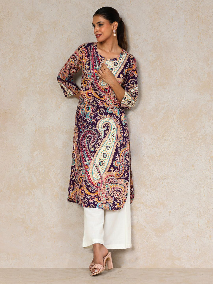 Varanga Ethnic Motifs Printed Cotton Notch Neck Straight Kurta