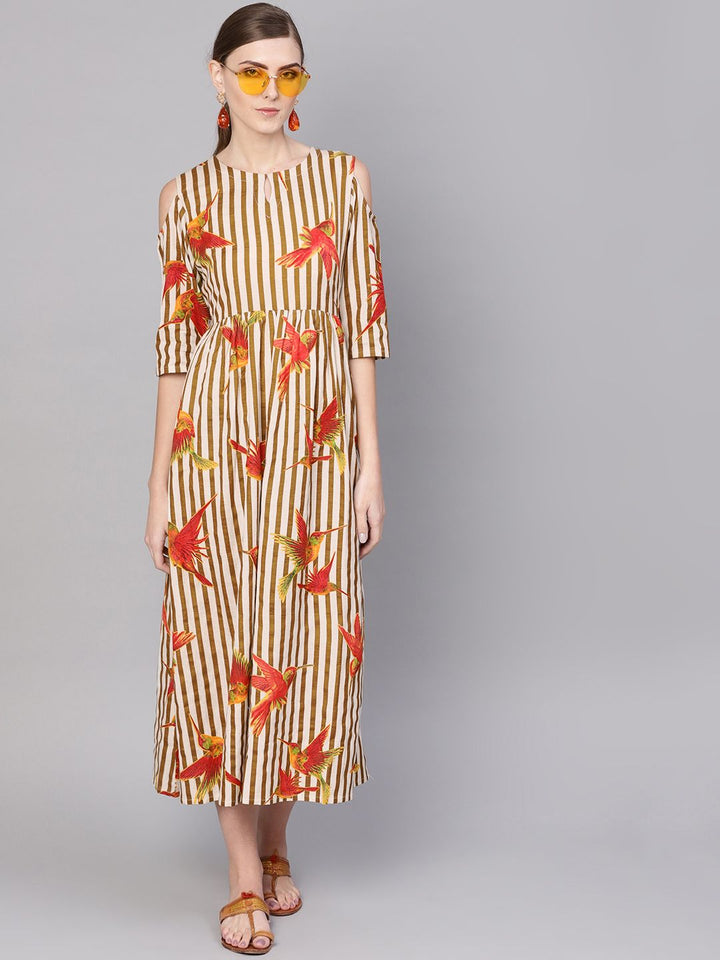Gerua By Libas Women Off-White  Brown Striped Maxi Dress