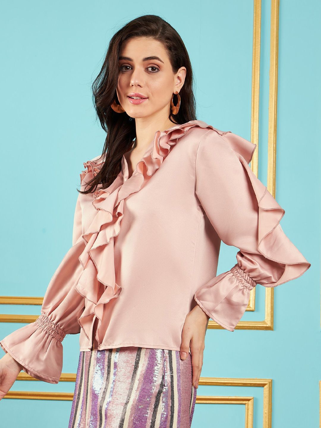 SASSAFRAS Pink V-Neck Cuffed Sleeves Ruffles Satin Shirt Style Regular Top